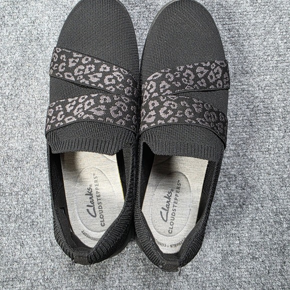Clarks Women's Adella Stride Cloudsteppers Sneaker in Black Knit Lleopard Print - Picture 5 of 8